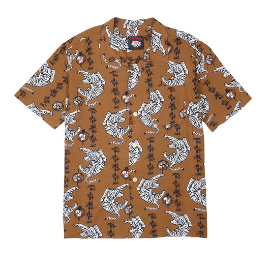 TROPICALI Short Sleeve 1-Pocket Flat Collar Hawaiian Shirt - Brown Tiger