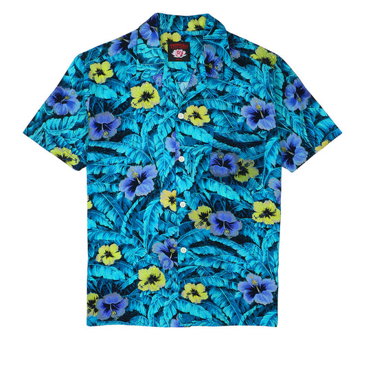 TROPICALI Short Sleeve 1-Pocket Flat Collar Hawaiian Shirt - New Flower Blue