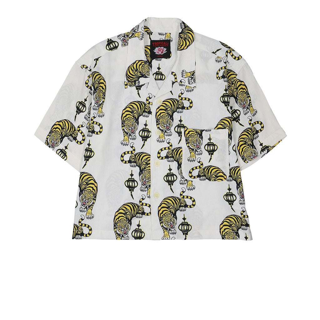 TROPICALI Womens Short Sleeve Cropped Hawaiian Shirt - White/ Yellow Tiger
