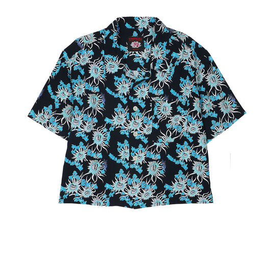 TROPICALI Womens Short Sleeve Cropped Hawaiian Shirt - Old Blue Flower