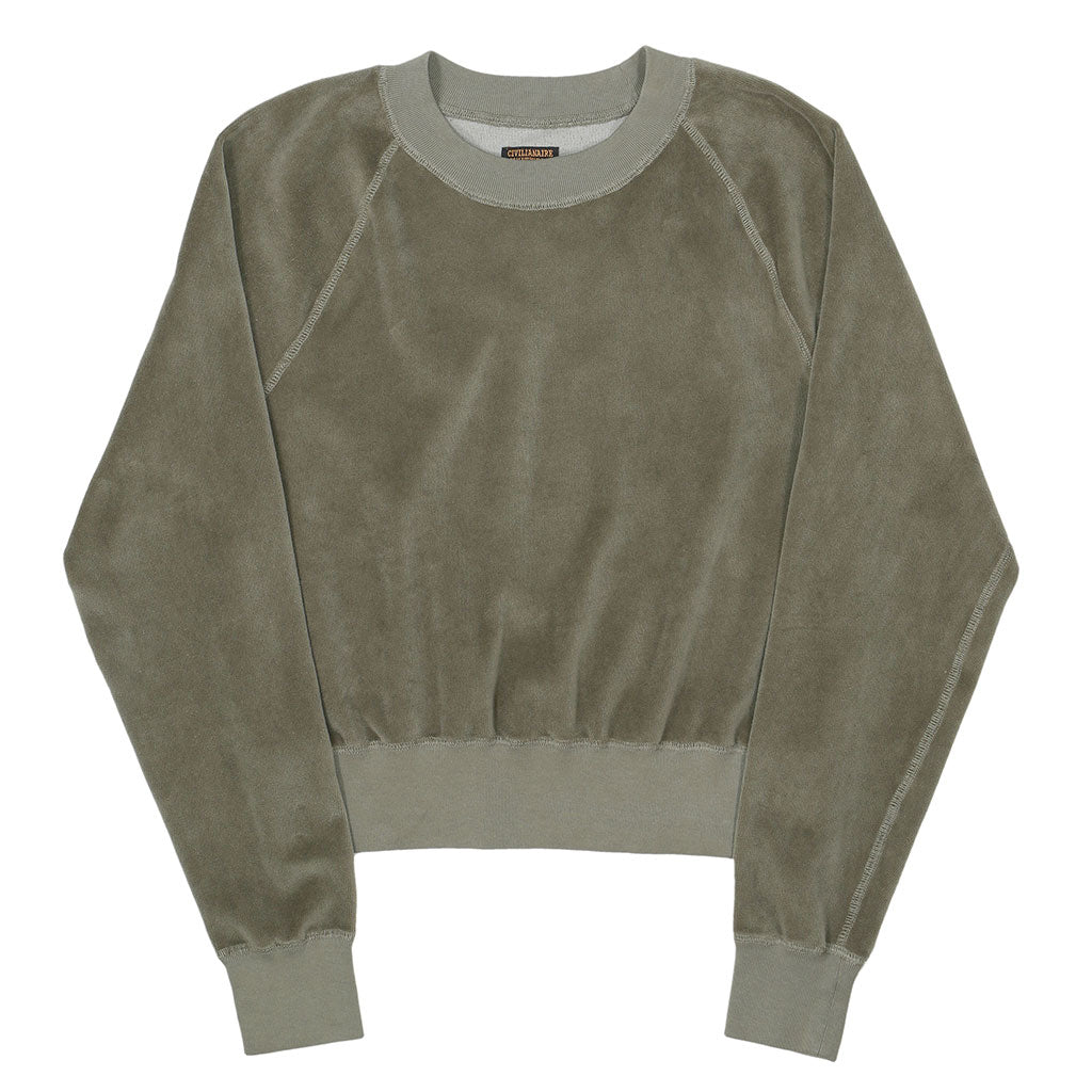Long Sleeve Cropped Velour Raglan Crewneck - Pale Olive