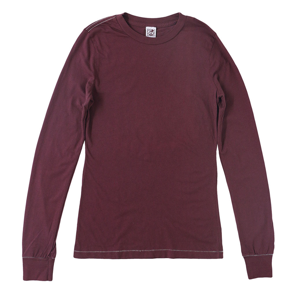"Peace Store" Long Sleeve Cotton Banded Crew Neck - Cranberry
