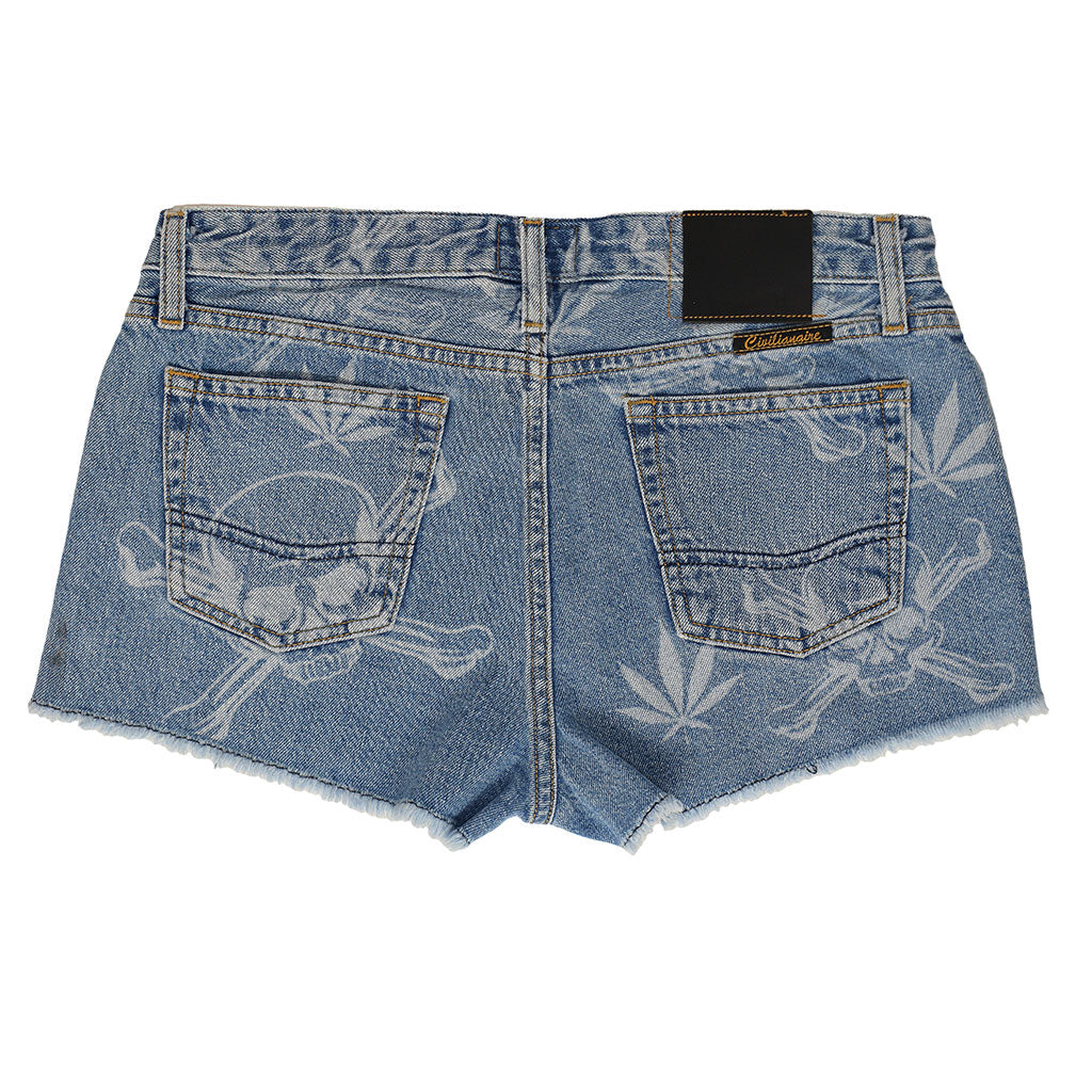 5 pocket Cut-Off  Boyfriend 10.5 oz Shorts - Med WASH - LASER SKULL & LEAF PRINT